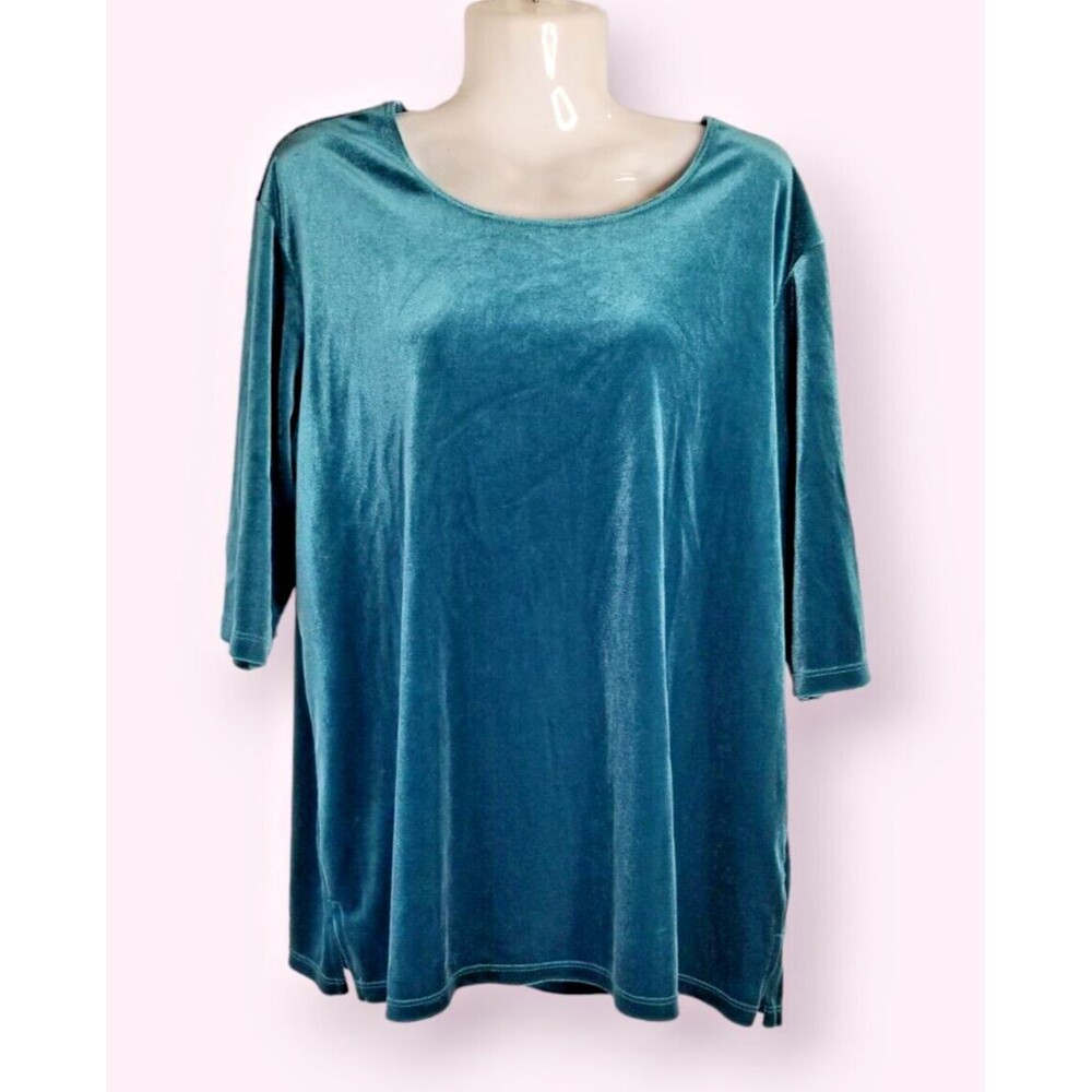 Women's Tunic Top Green Velour 3/4 Sleeve Round Neck USA Dialogue Size Large
